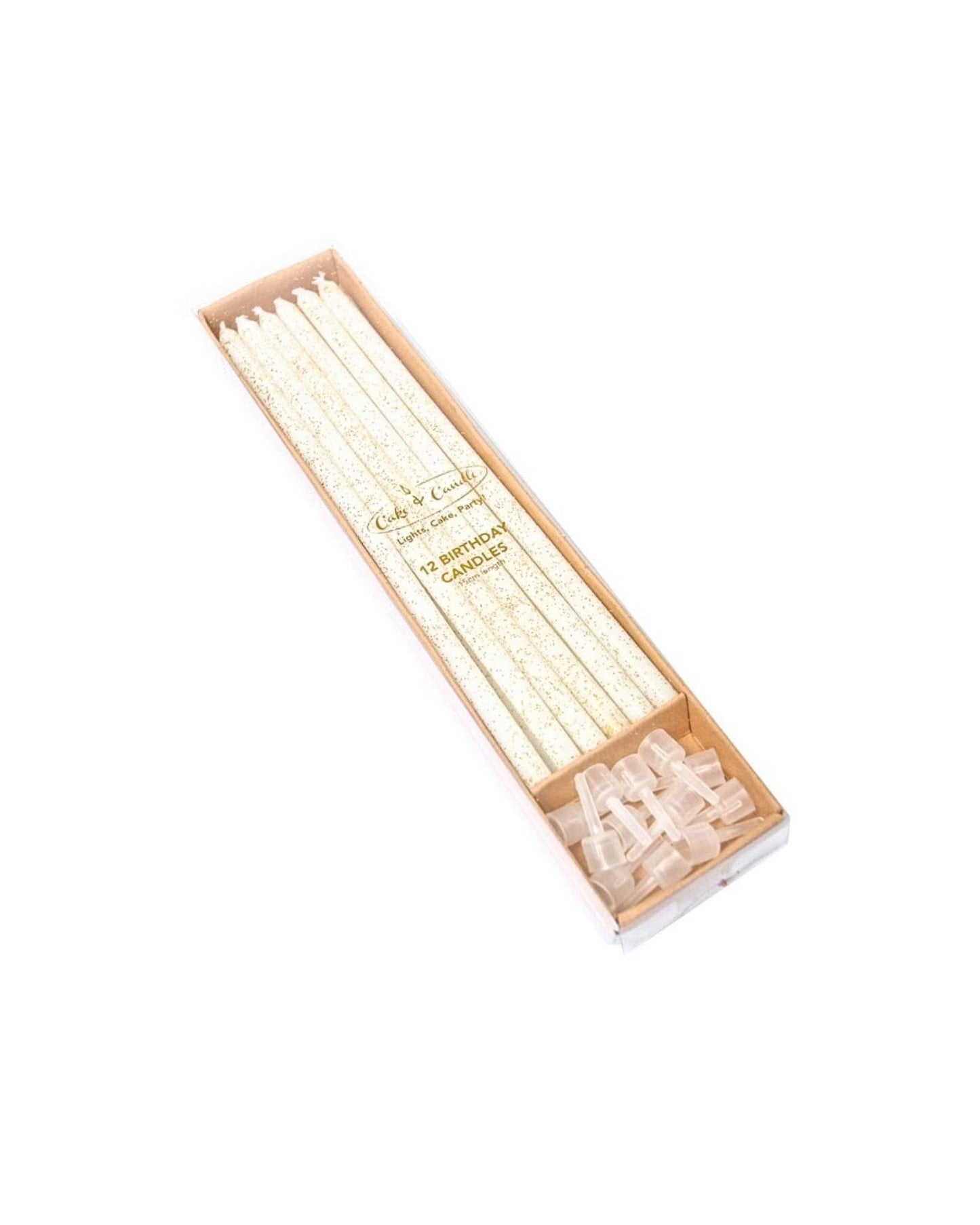 A box of 12 white glitter candles with clear holders, perfect for celebrations and adding sparkle to occasions.