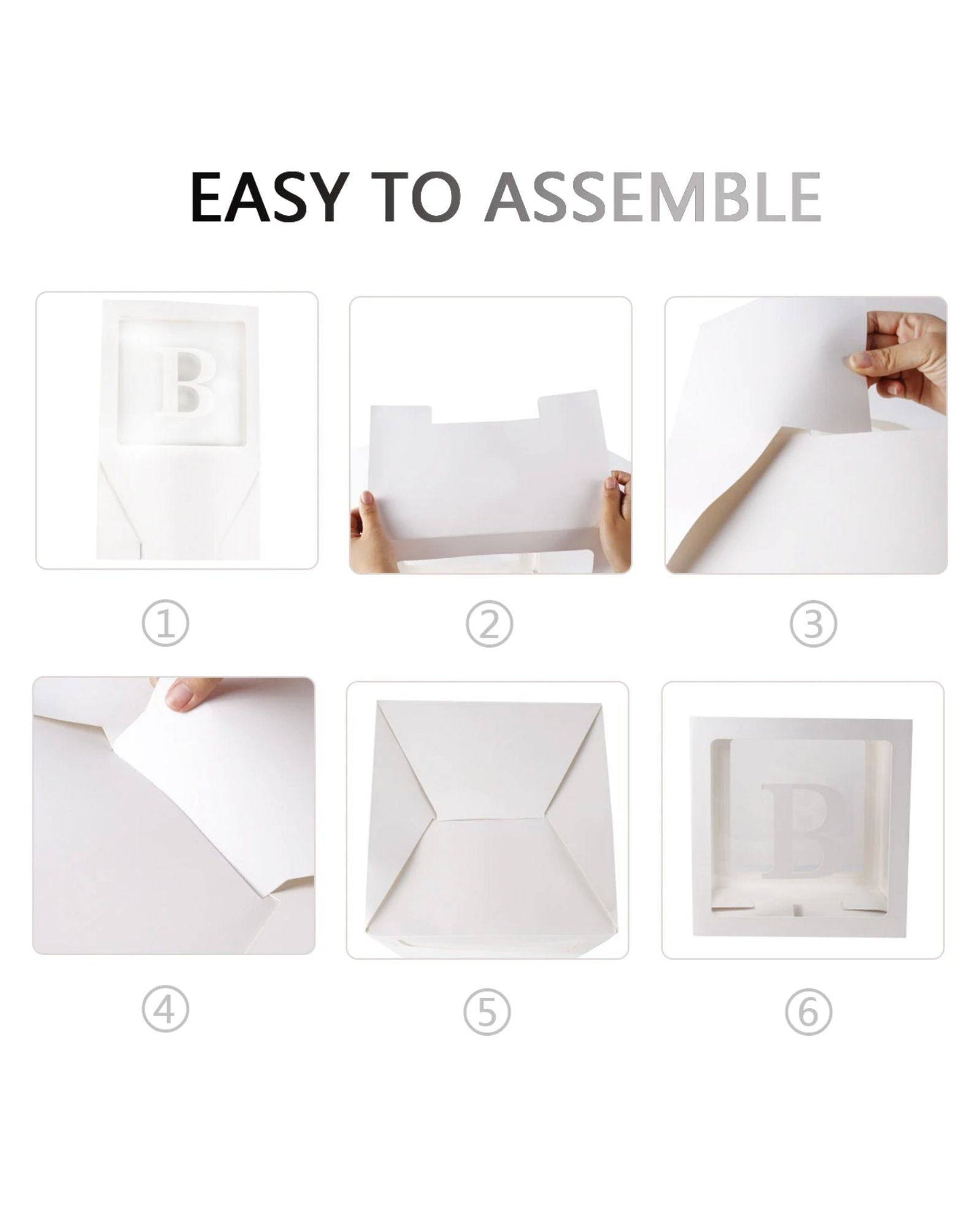 Three transparent boxes with a white balloon design, showcasing easy assembly steps and a 'B' feature.