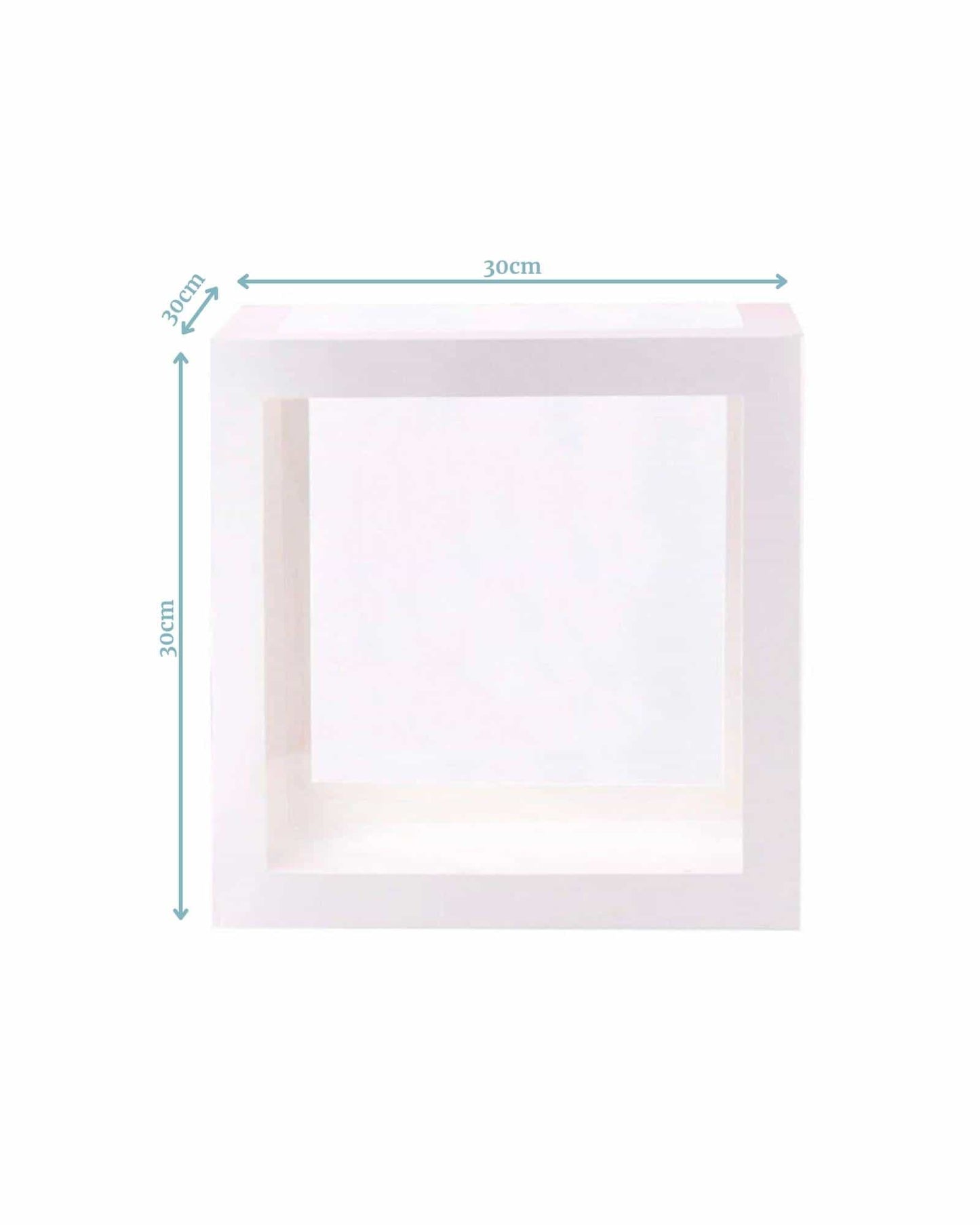 White cube with open sides, measuring 30cm on each edge, featuring a smooth, minimalistic finish.