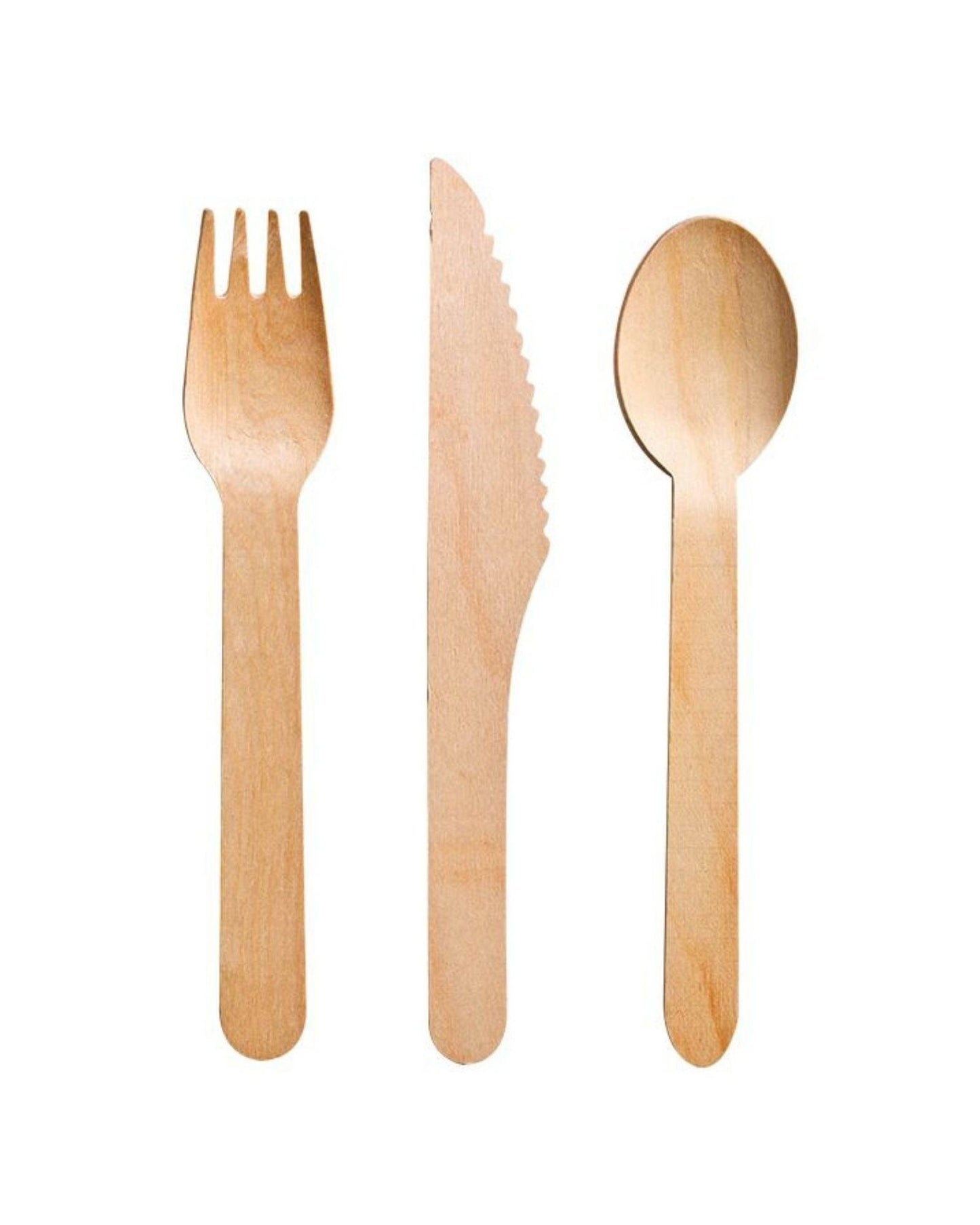 Set of three wooden utensils: fork, knife with serrated edge, and spoon, all with a smooth, natural finish.