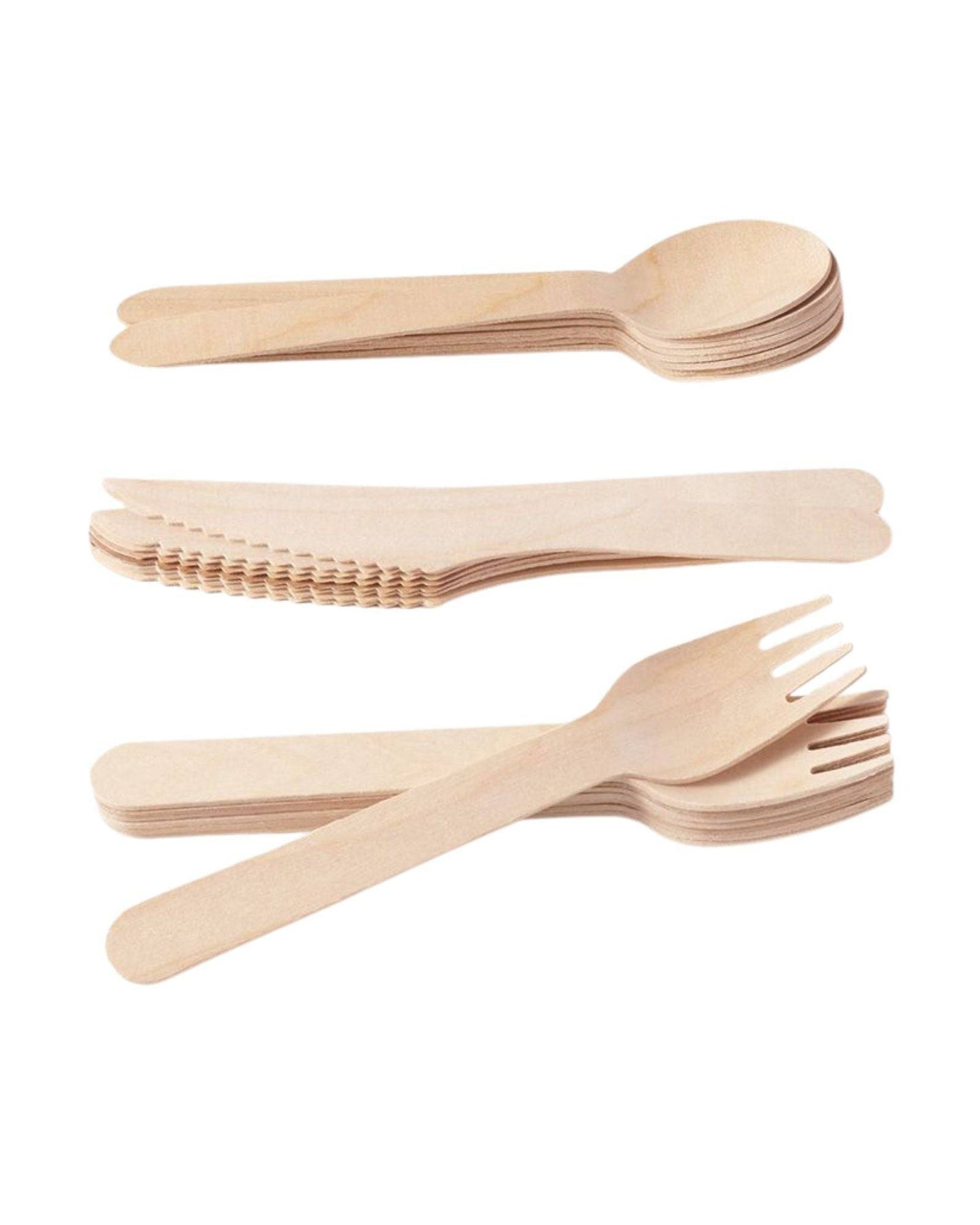 A 12-piece set of smooth, natural wooden cutlery, including forks, spoons, and knives, neatly arranged in stacks.