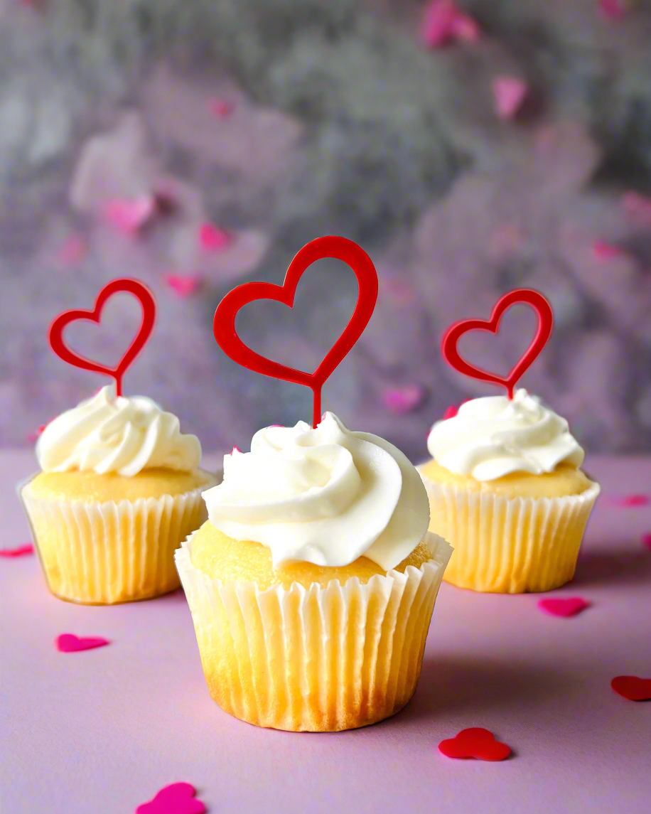 Three yellow cupcakes topped with swirls of white frosting and red heart toppers, surrounded by pink heart confetti.