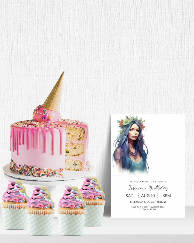 Colorful birthday cake with a cone on top, surrounded by pastel cupcakes and a festive invitation featuring a portrait.