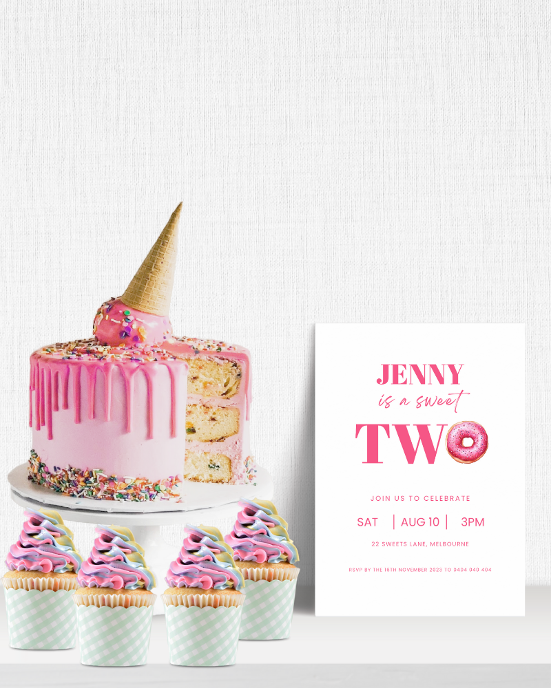 A colorful cake with a cone on top, surrounded by pastel cupcakes and a festive invitation for a birthday celebration.