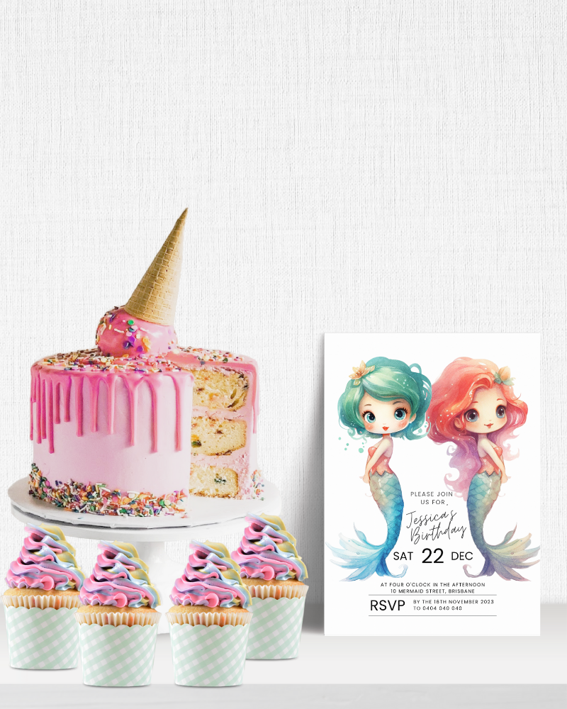 A vibrant birthday scene with a pink cake, colorful cupcakes, and a whimsical invitation featuring mermaid illustrations.