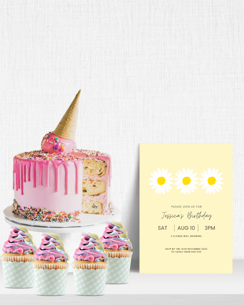 A colorful birthday cake with a cone on top, surrounded by pastel cupcakes and a cheerful invitation card.