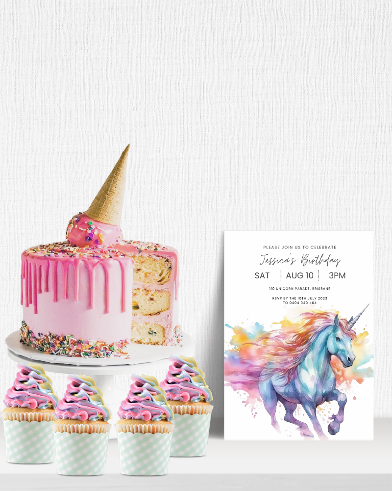 A colorful birthday cake with sprinkles, unicorn-themed invitation, and pastel cupcakes on a white backdrop.