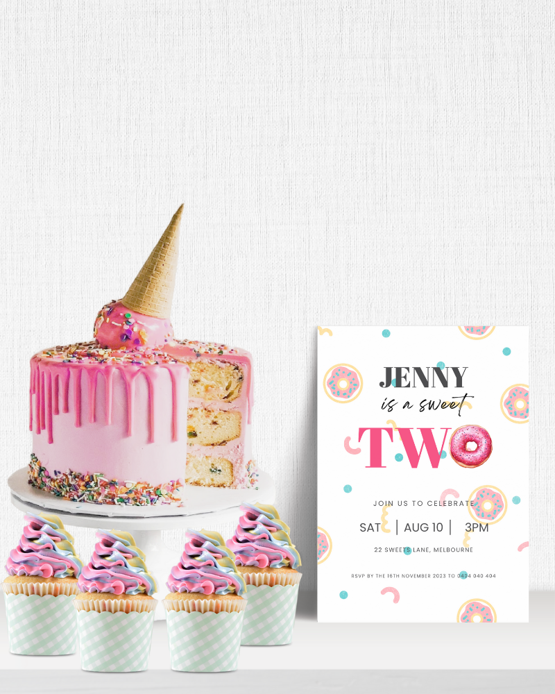 A colorful birthday scene featuring a pink cake with sprinkles, cupcakes, and a festive invitation on a textured backdrop.