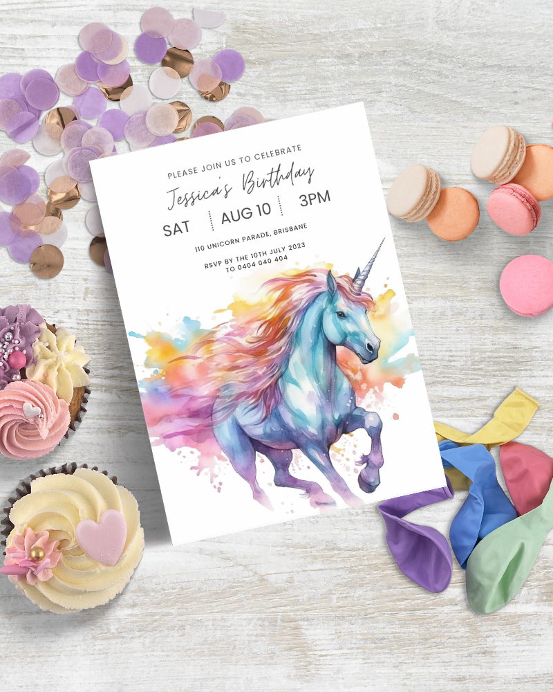 A colorful unicorn illustration accompanies a birthday celebration invitation with sweet treats and confetti.