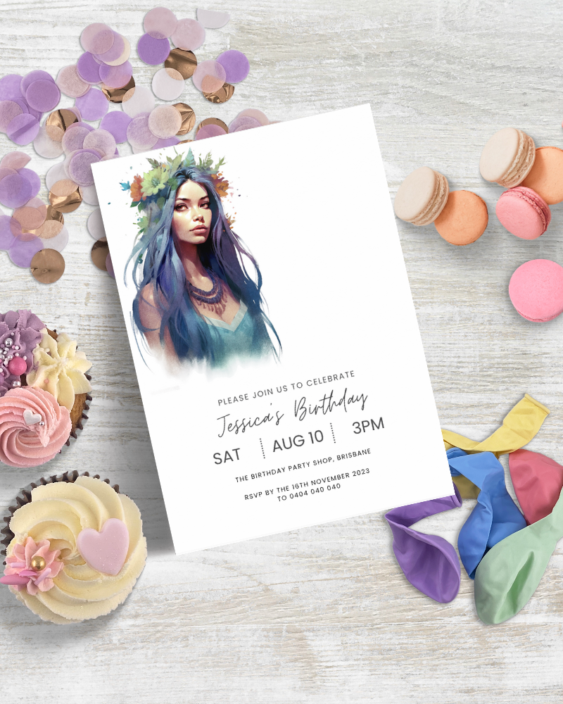 A colorful birthday invitation featuring a woman with floral accents, surrounded by treats and festive decorations.