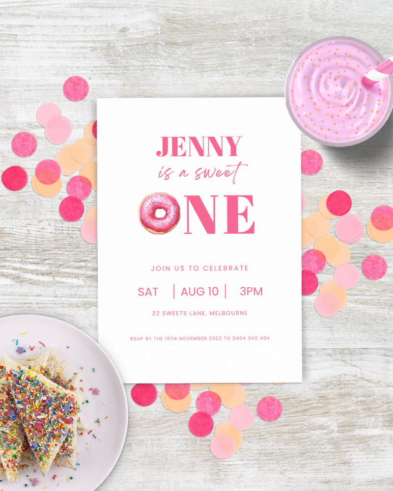 A festive invitation featuring pink accents, a donut graphic, confetti, and a creamy dessert in a playful setting.