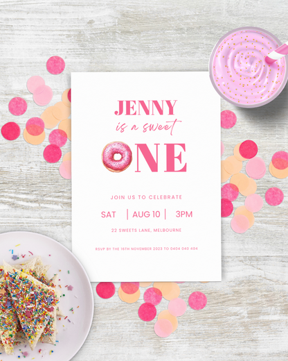 A festive invitation featuring pink accents, a donut graphic, confetti, and a creamy dessert in a playful setting.