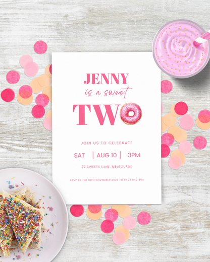 A festive invitation featuring colorful confetti, sprinkles, and a pink milkshake, celebrating a special birthday.