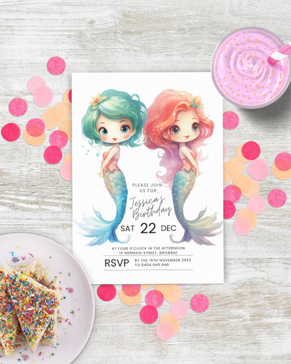 Colorful mermaids adorn a festive invitation, surrounded by confetti and a pink dessert topped with sprinkles.