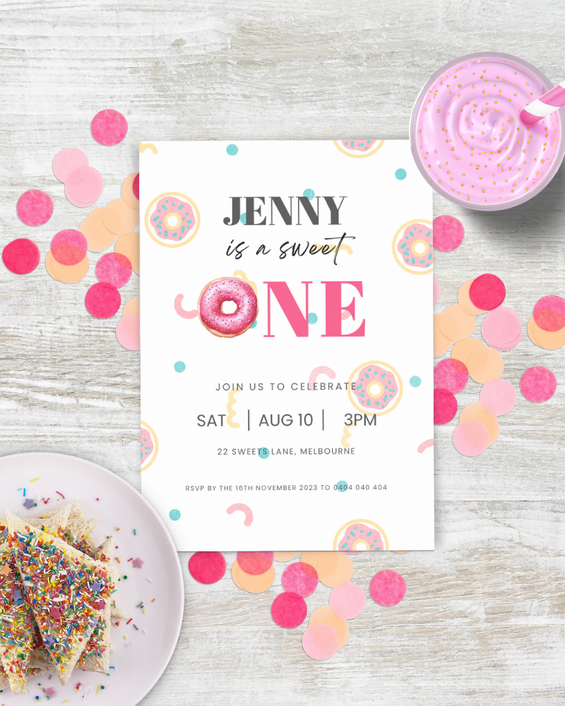 A colorful birthday invitation with playful donut graphics, vibrant confetti, and a sweet dessert on a plate.