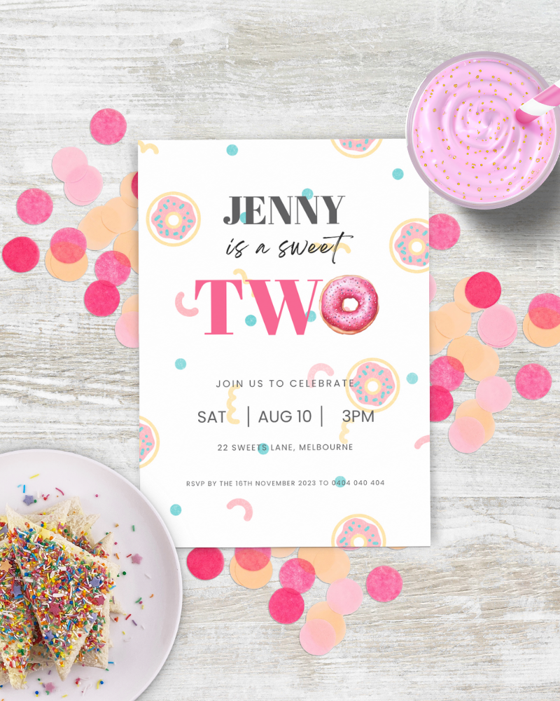 Colorful birthday invitation with playful confetti, a sprinkle-covered treat, and a pink drink with a straw.