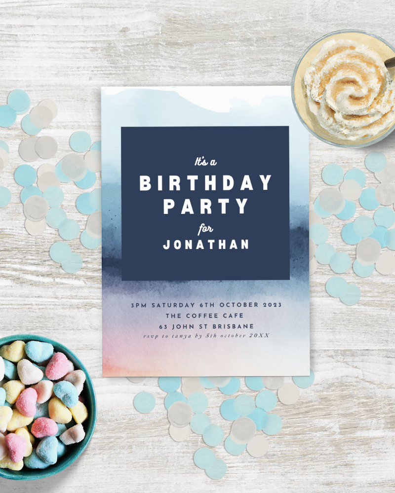 Invitation card for a birthday celebration, featuring colorful confetti and a bowl of pastel candies.