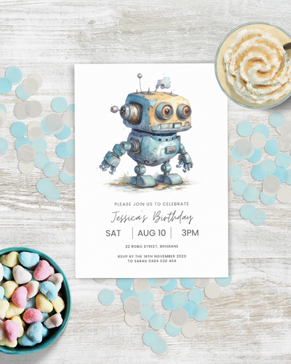 A whimsical robot illustration with large eyes, surrounded by colorful confetti and a bowl of heart-shaped sweets.