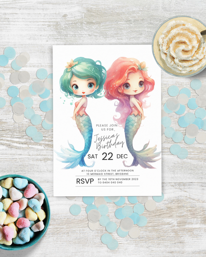 Colorful mermaid invitation with pastel confetti and heart-shaped candies on a wooden surface.