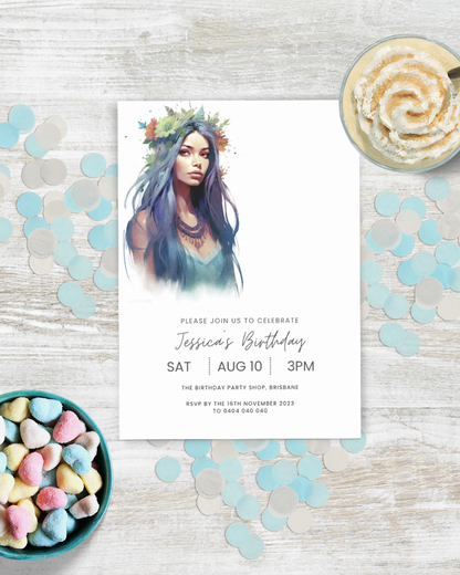 A birthday invitation featuring a woman with floral accents, surrounded by colorful confetti and sweets.