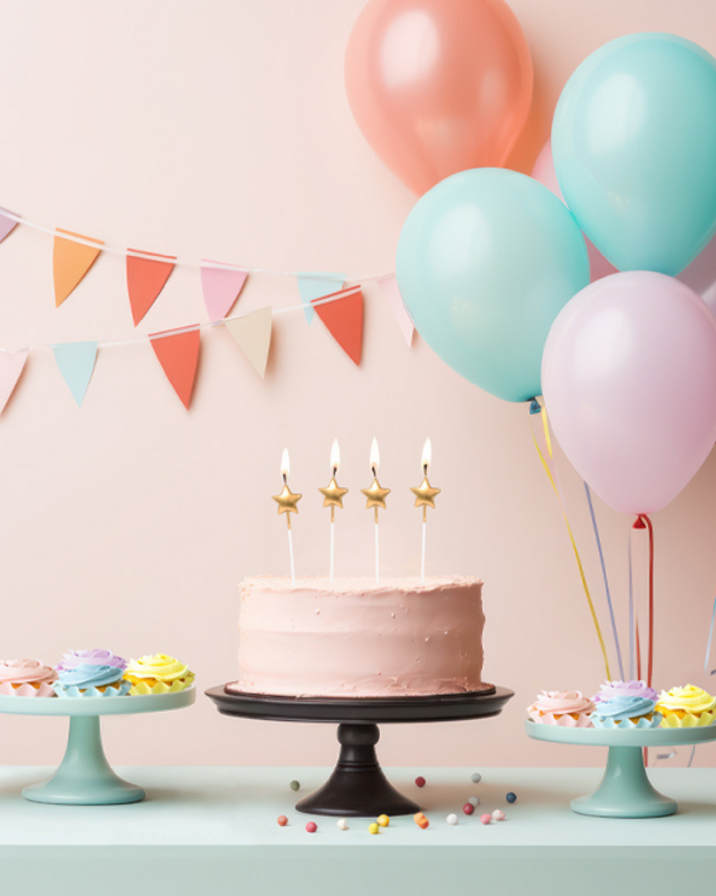 A pink frosted cake with star candles, surrounded by colorful balloons and decorated cupcakes on teal stands.