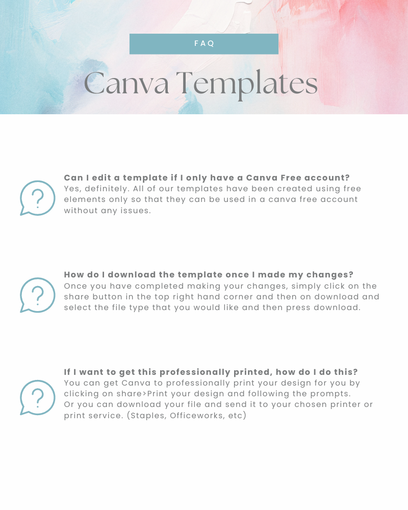 A soft pastel background with abstract watercolor swirls and a prominent FAQ section highlighted at the top.