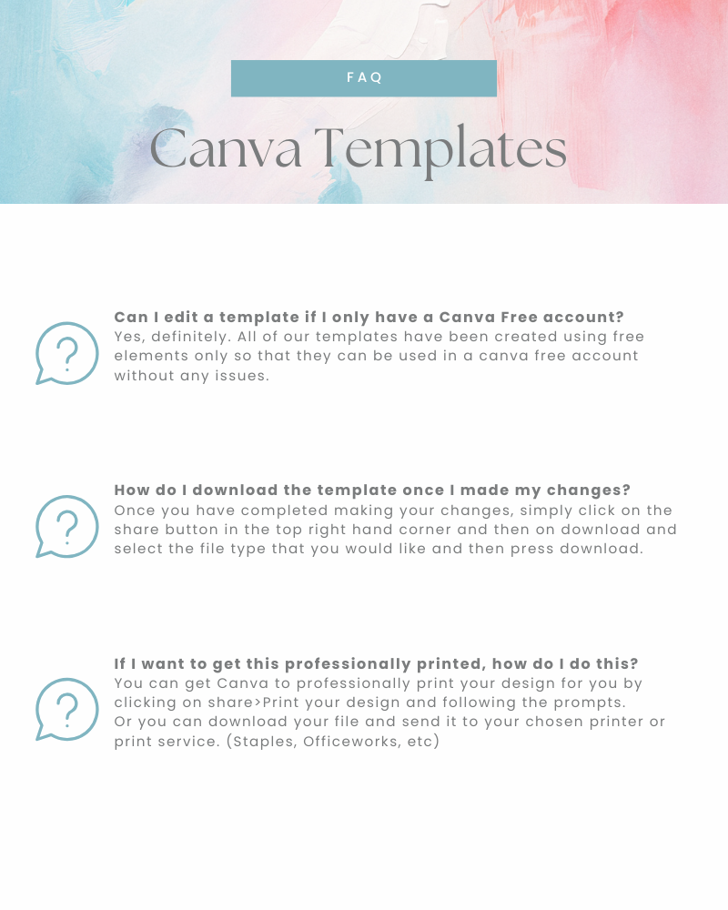 A soft watercolor background with pastel hues and elegant typography displaying "FAQ" and "Canva Templates."