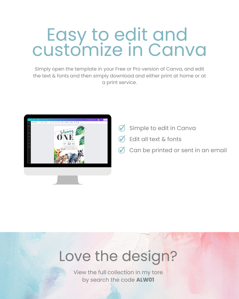 Editable template on a computer screen with colorful graphics and text, showcasing customization options in Canva.