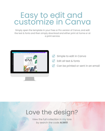 Editable template on a computer screen with colorful graphics and text, showcasing customization options in Canva.