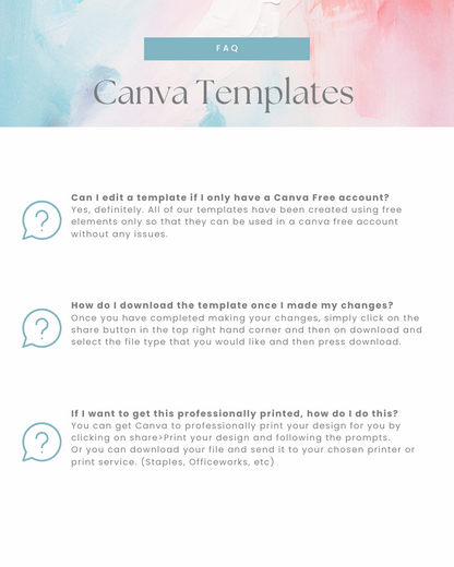 A soft pastel background with a subtle gradient and text overlay asking frequently asked questions about Canva templates.