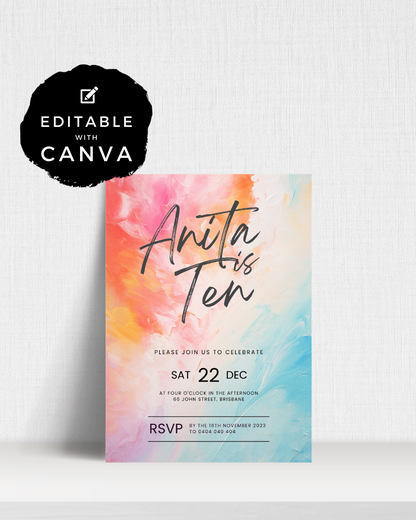 Colorful invitation featuring bold text with a vibrant watercolor background, celebrating a special event.