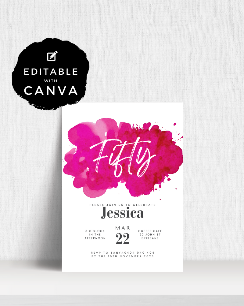 A vibrant invitation featuring a pink watercolor splash with elegant typography for a 50th birthday celebration.