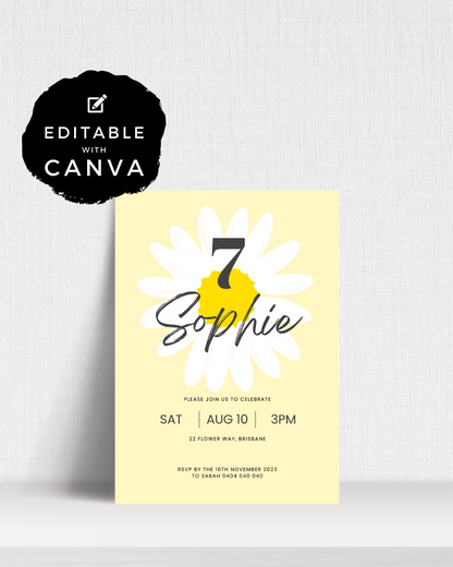 Bright yellow invitation featuring a daisy design, with the name "Sophie" and details for a birthday celebration.