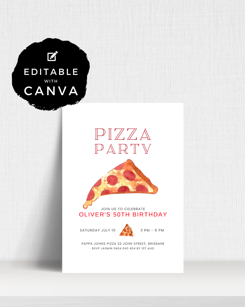 Invitation featuring a slice of pizza, celebrating Oliver's 50th birthday, with event details below.