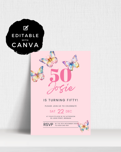 A pink invitation featuring colorful butterflies, celebrating Josie's 50th birthday on December 22.