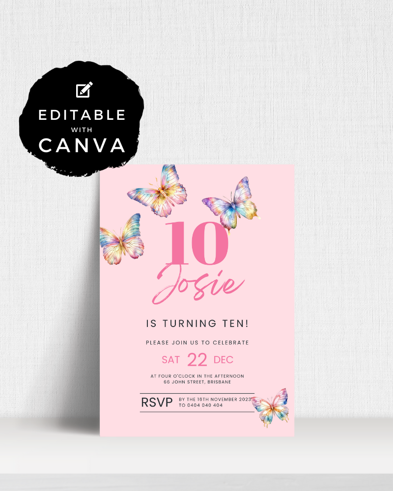 Bright pink invitation featuring colorful butterflies, celebrating Josie's 10th birthday with RSVP details.