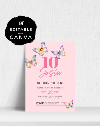 Bright pink invitation featuring colorful butterflies, celebrating Josie's 10th birthday with RSVP details.