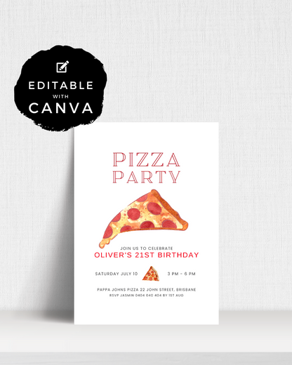 Invitation card featuring a slice of pizza, with details for Oliver's 21st birthday celebration.