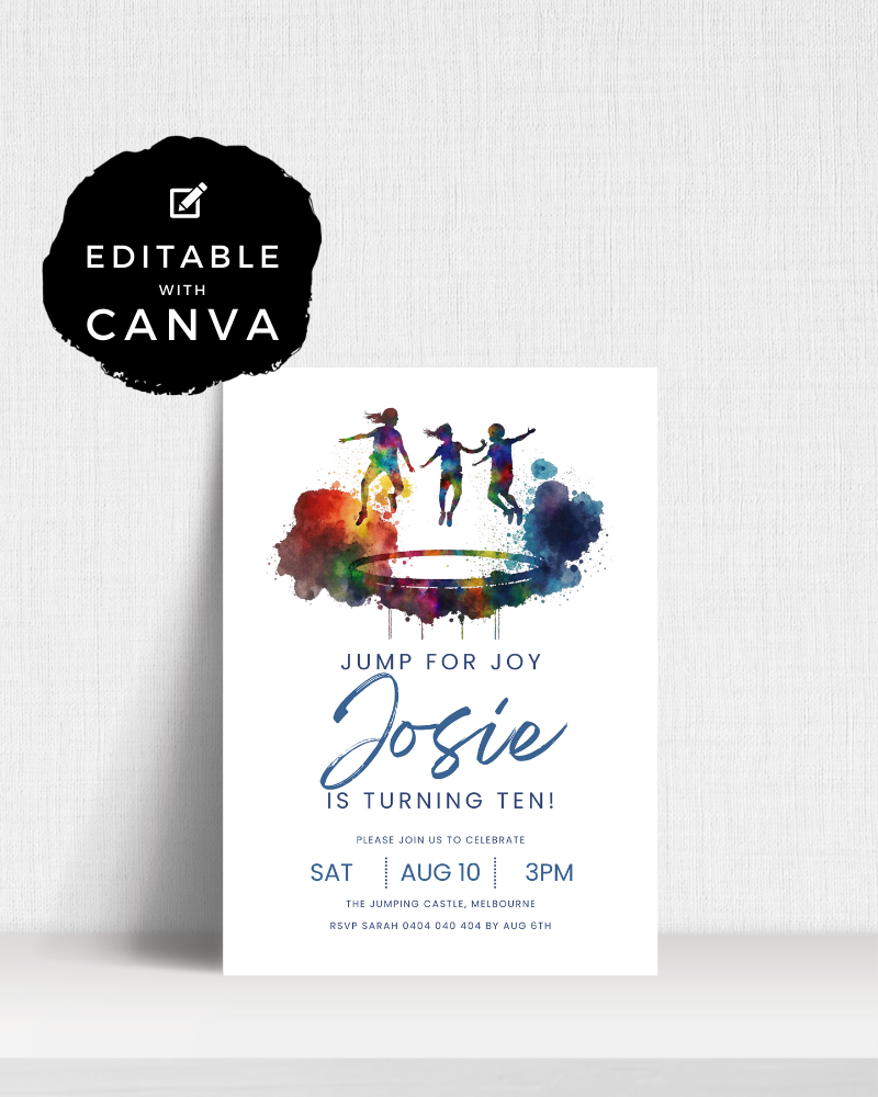 Colorful watercolor illustration of three children jumping joyfully, celebrating a birthday invitation for Josie's tenth.