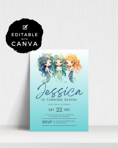 Colorful invitation featuring three whimsical mermaids with flowing hair, celebrating a seventh birthday party.