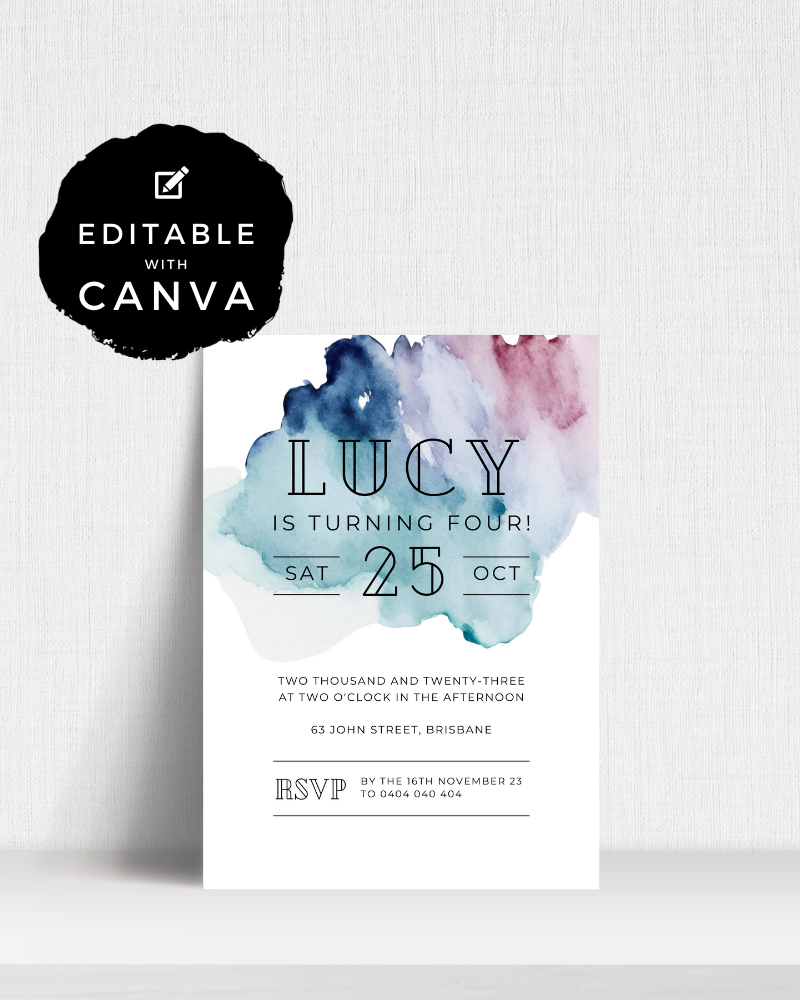 A colorful watercolor invitation celebrating Lucy's fourth birthday with RSVP details and event information.