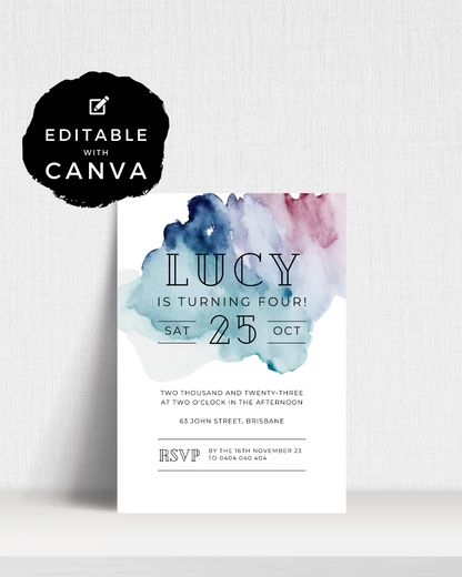 A colorful watercolor invitation celebrating Lucy's fourth birthday with RSVP details and event information.