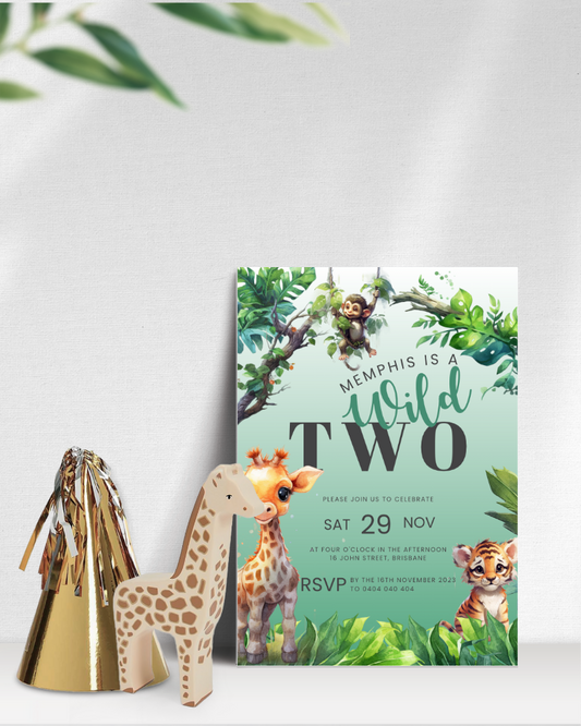 Colorful birthday invitation featuring a monkey, giraffe, and tiger amidst tropical leaves, with festive party decor.