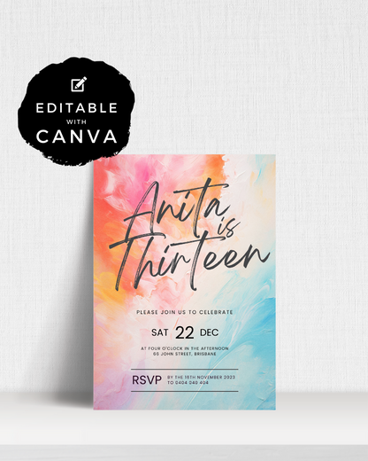 Colorful invitation featuring "Anita is Thirteen" with event details and RSVP information in a vibrant watercolor background.