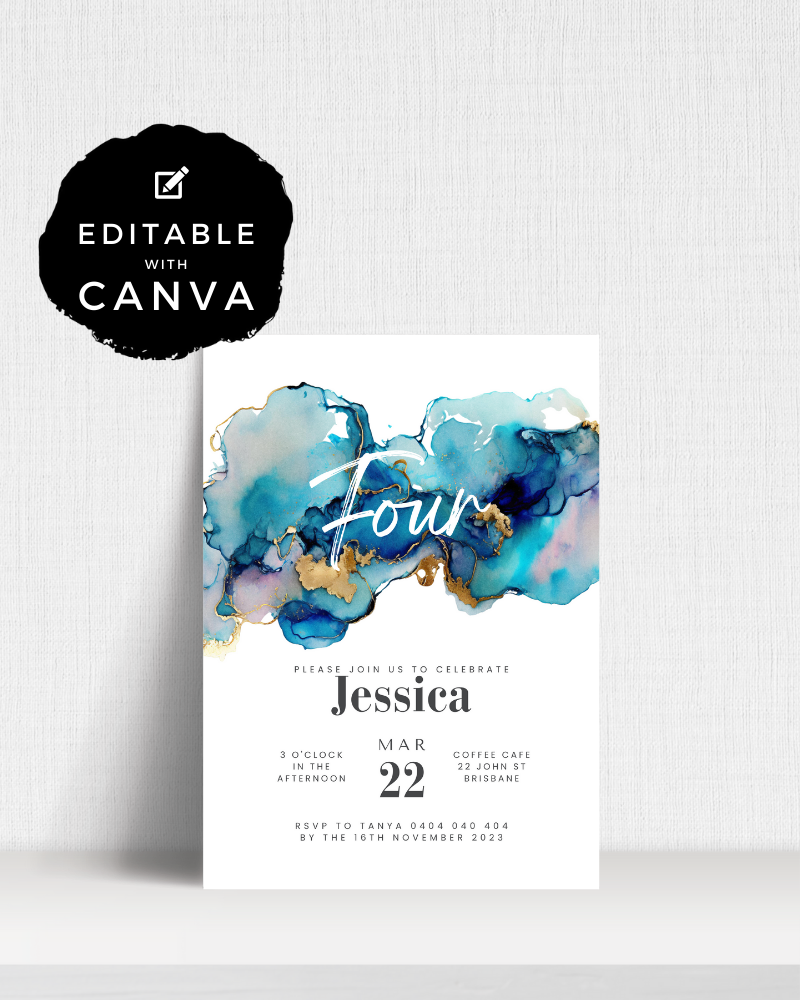 Invitation featuring elegant blue and gold watercolor splashes, with event details for Jessica's celebration.