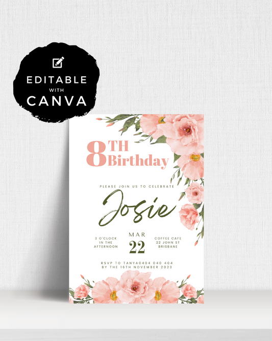 A floral birthday invitation featuring pink flowers, elegant typography, and event details for Josie's 8th birthday.