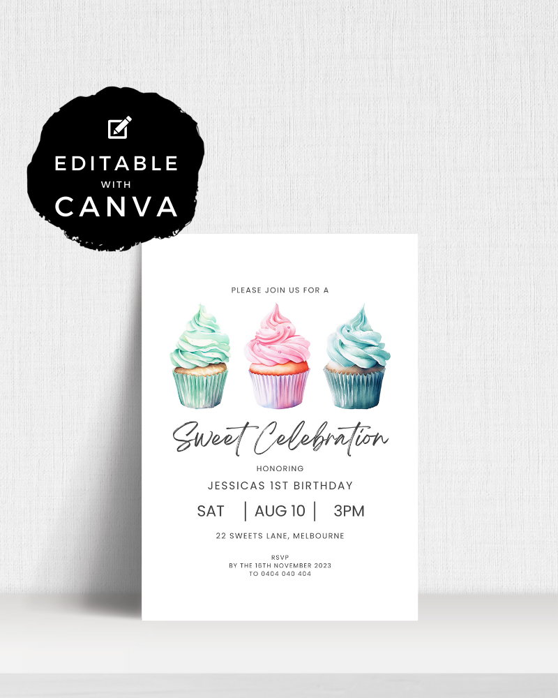 Invitation featuring colorful cupcakes with swirled frosting, details for a birthday celebration in Melbourne.