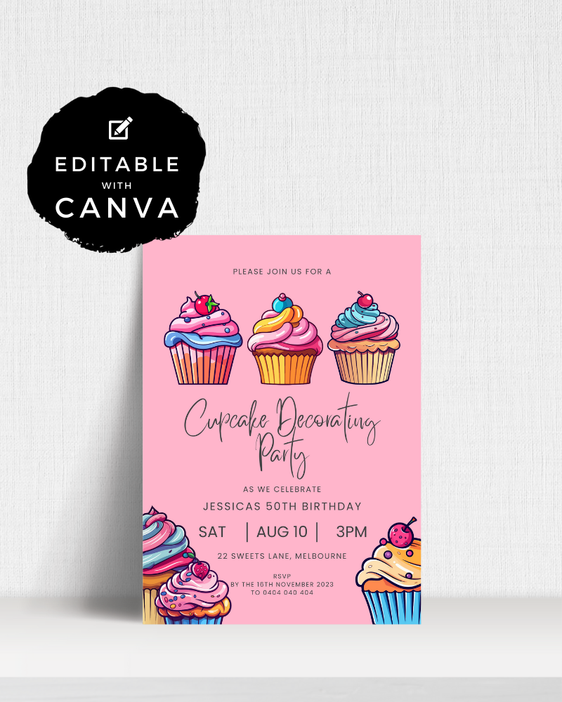 Colorful cupcake illustrations on a pink background, announcing a birthday decorating party celebration.