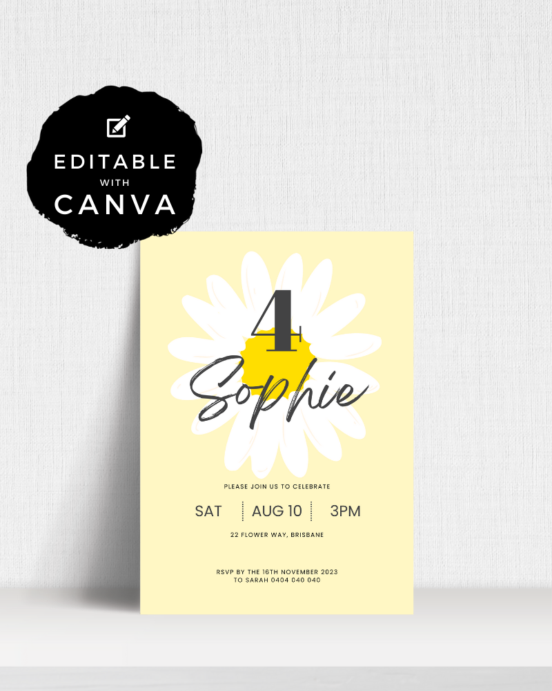 Bright yellow invitation featuring a large daisy, the number 4, and details for a celebration in Brisbane.