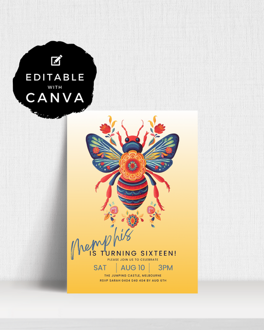 Colorful insect illustration with flower details, announcing a 16th birthday celebration in Melbourne.